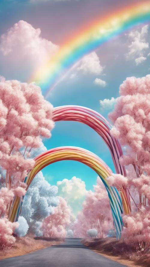 A fantasy landscape of candy canes and cotton candy trees under a dazzling rainbow arc stretching across a light blue sky.