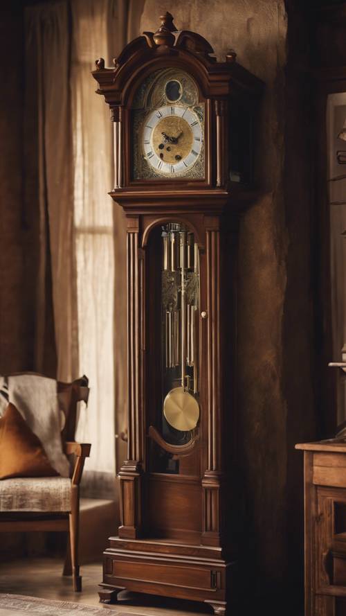 Sebuah jam kakek antik berdiri megah di sudut ruangan pedesaan dengan perabotan kayu ek yang hangat.