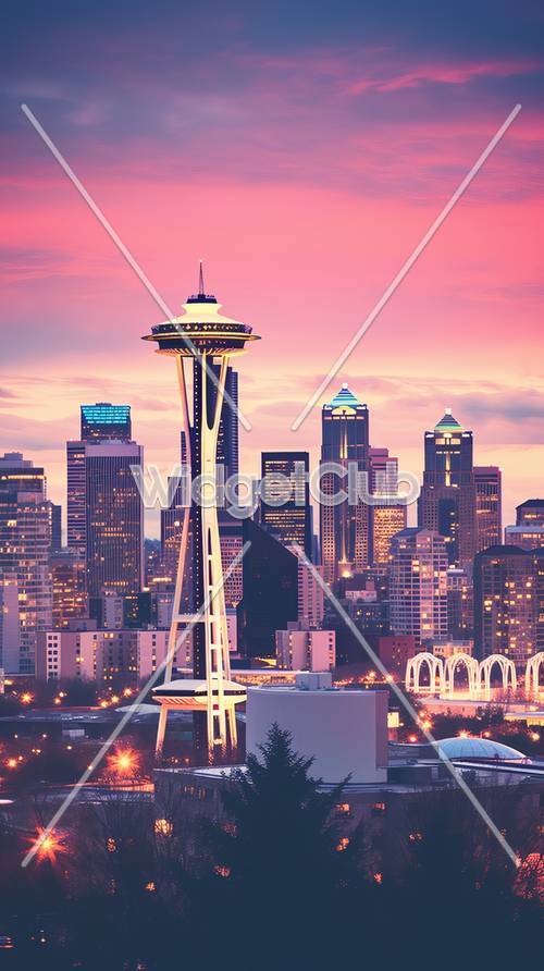 Pôr do sol sobre o horizonte da cidade de Seattle