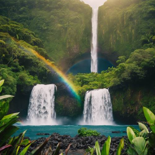 Ein leuchtender hawaiianischer Regenbogen, umrahmt von zwei riesigen Wasserfällen inmitten üppigen Grüns.