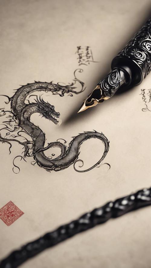 一条墨龙从一支华丽的书法笔中蜿蜒而出，出现在一幅空白的卷轴上。