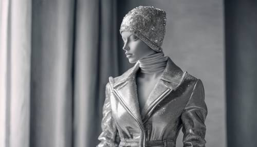Tenue femme moderne monochrome argentée sur mannequin pour l&#39;hiver.