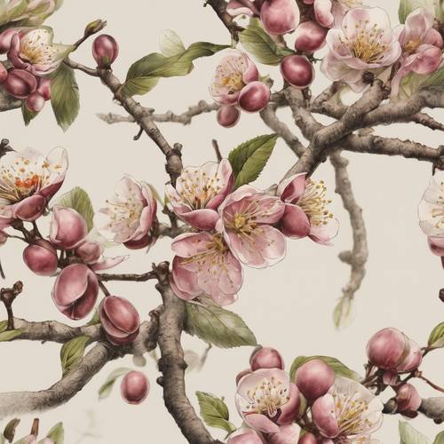 Gambar botani antik yang menampilkan bunga plum dan buah.