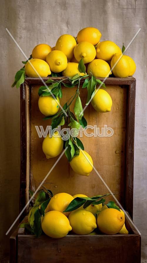 鮮やかな黄色いレモンが昭和風の額に飾られた壁紙