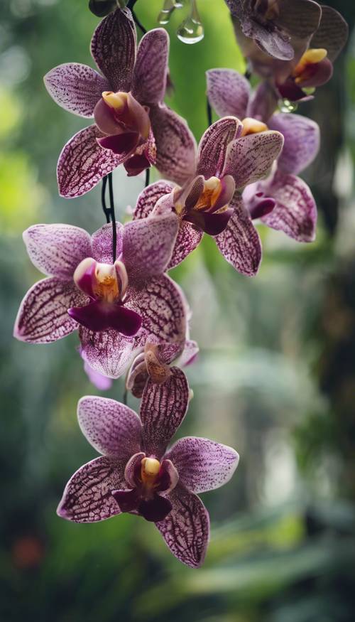 An assortment of exotic orchids hanging from tree branches in a tropical rainforest.