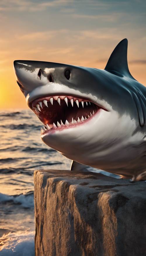 Um tubarão sorridente mostrando seus dentes afiados com o pôr do sol ao fundo.