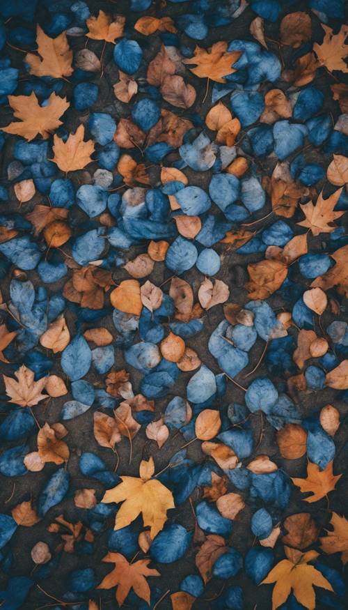 Feuilles d&#39;automne bleues disposées en forme de coeur sur le sol.