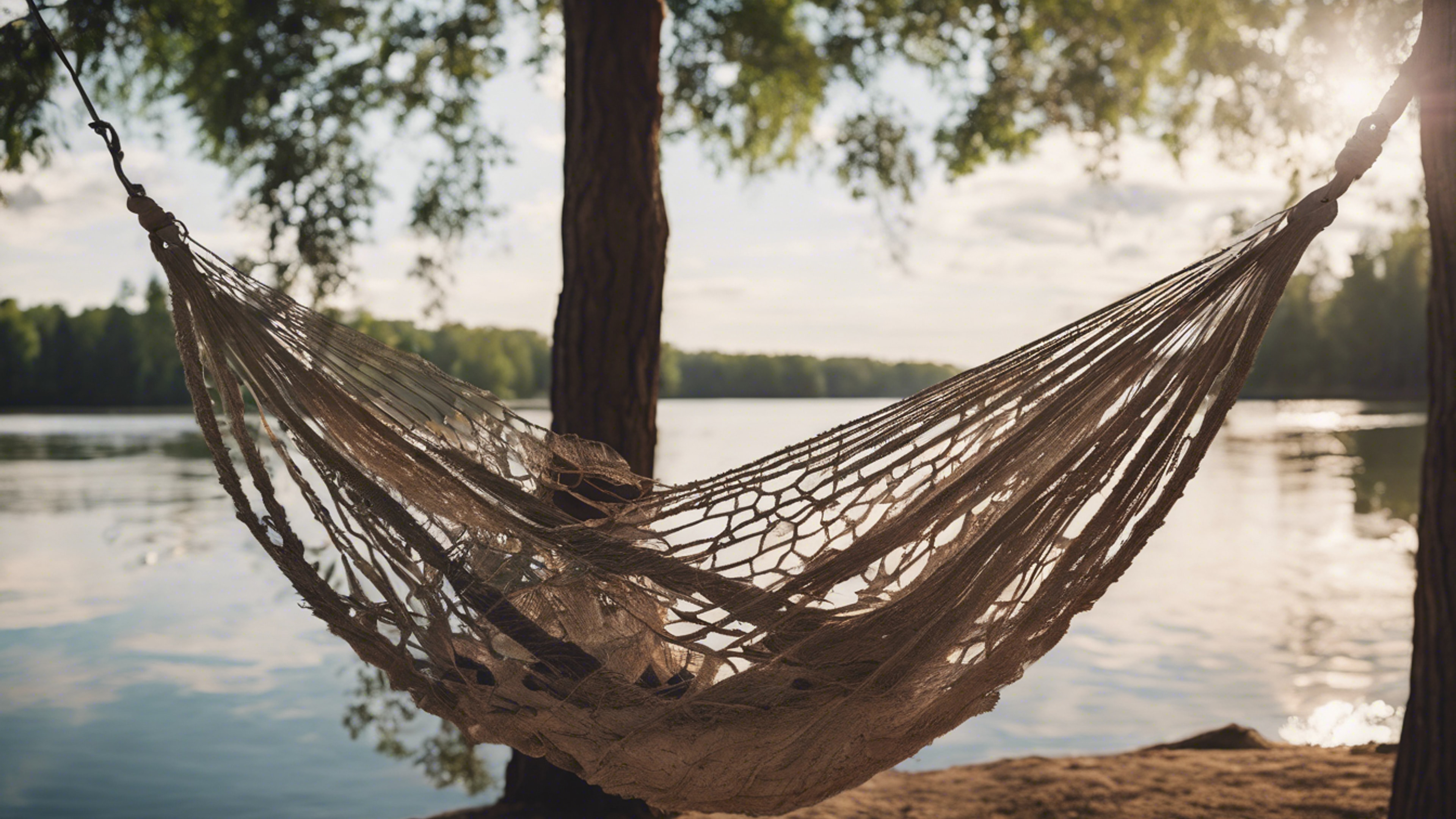 A rustic, serene summer lake view from a preppy-style hammock strung between two trees near the water’s edge. Wallpaper[f871c41635c947619a97]
