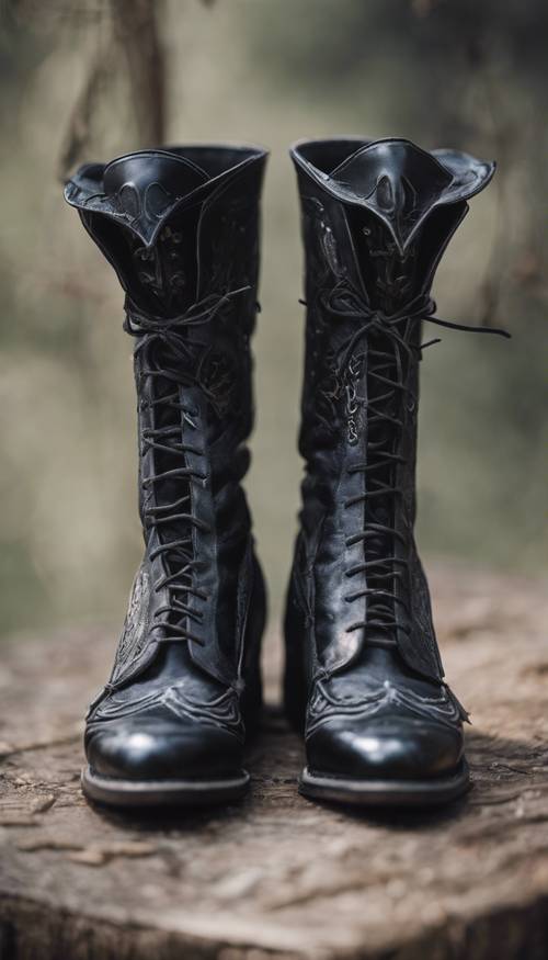 A pair of raven-black winged boots, styled in Victorian-era fashion.