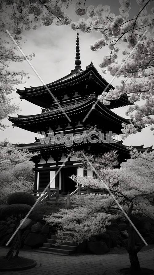 Flores de cerejeira e pagode tradicional em preto e branco