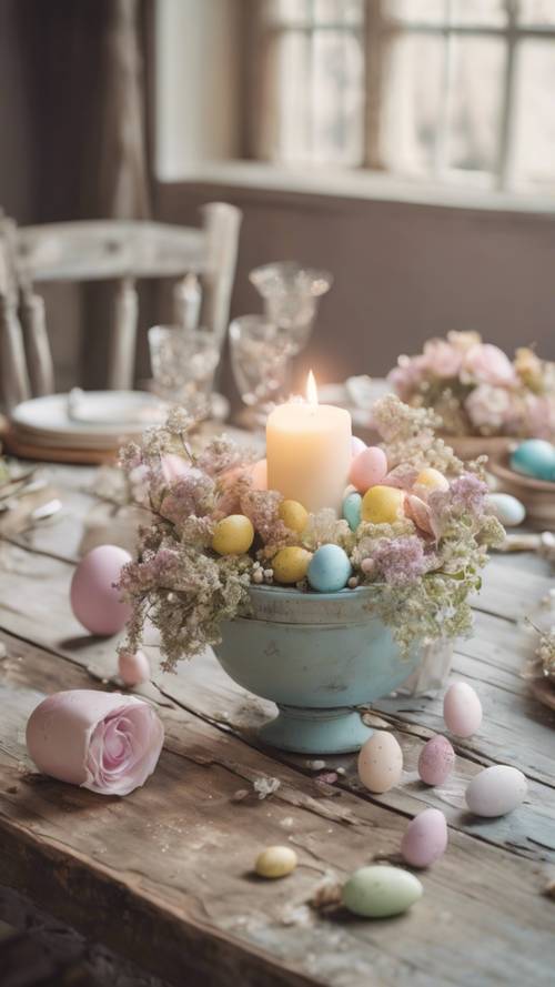 A meticulously distressed wooden table adorned with a pastel Easter centerpiece.