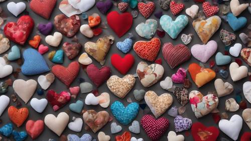 A mosaic of handcrafted hearts made from different materials like fabric, paper, and beads.