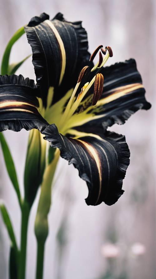 Klasik Hollandalı Ustalar tarzında ölümsüzleştirilmiş siyah bir gündüz zambakının natürmortu.