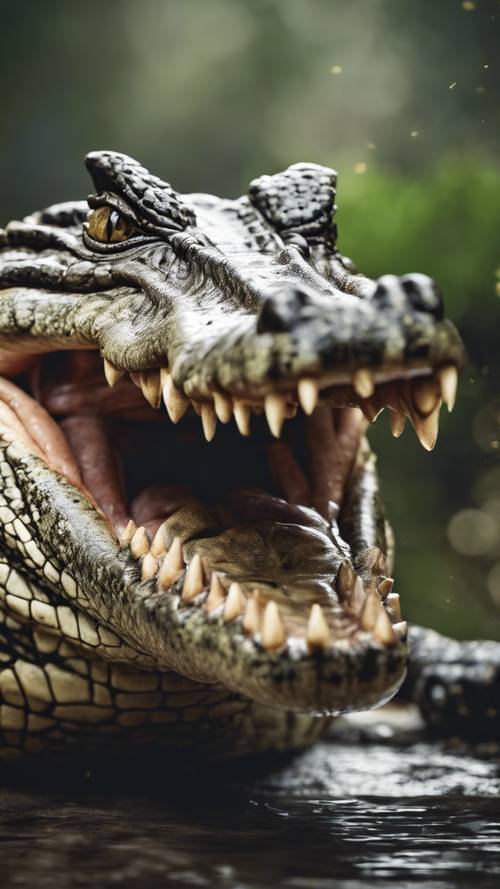 Крокодил спит с широко открытой пастью, демонстрируя мощные челюсти и острые зубы.