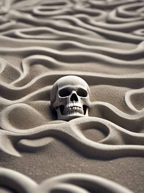 Um jardim de areia Zen com um padrão de caveira cinza contínuo traçado por um ancinho prateado.