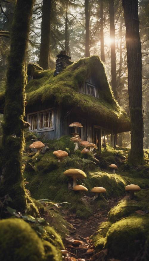 阳光穿过茂密的参天大树和长满青苔的地面，照射在一间简朴的小屋和一片野生蘑菇上。