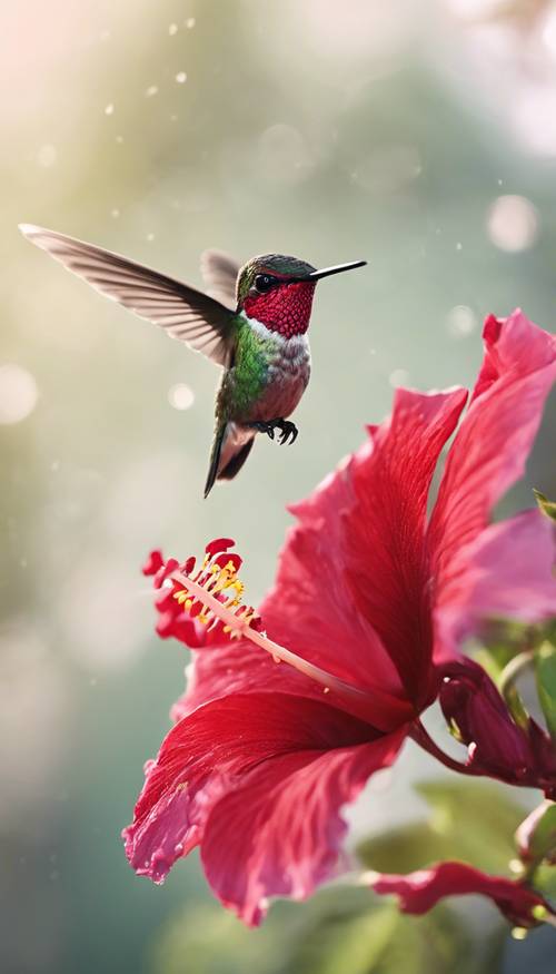 Seekor burung kolibri kecil melayang di udara, menghirup nektar dari bunga kembang sepatu berwarna merah cerah.