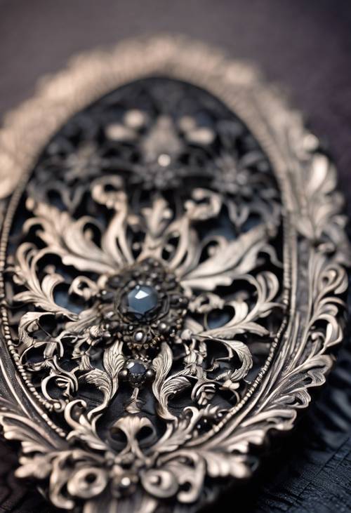 An intricate dark damask pattern embossed on an antique silver brooch.