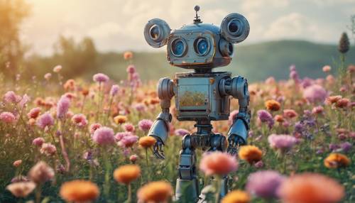 A child-like robot with a teddy bear in a field of flowers, looking at a butterfly.