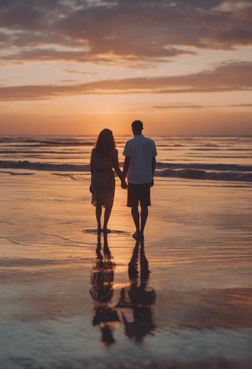 Пара наслаждается захватывающим закатом на тихом пляже. Обои [800ce25d84964dedb856]