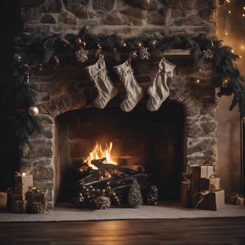 古老的、光禿禿的壁爐上掛著一隻黑色的聖誕襪，壁爐上鋪滿了蜘蛛網。