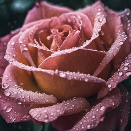 Tampilan jarak dekat dari kelopak bunga mawar yang dihiasi tetesan air hujan.