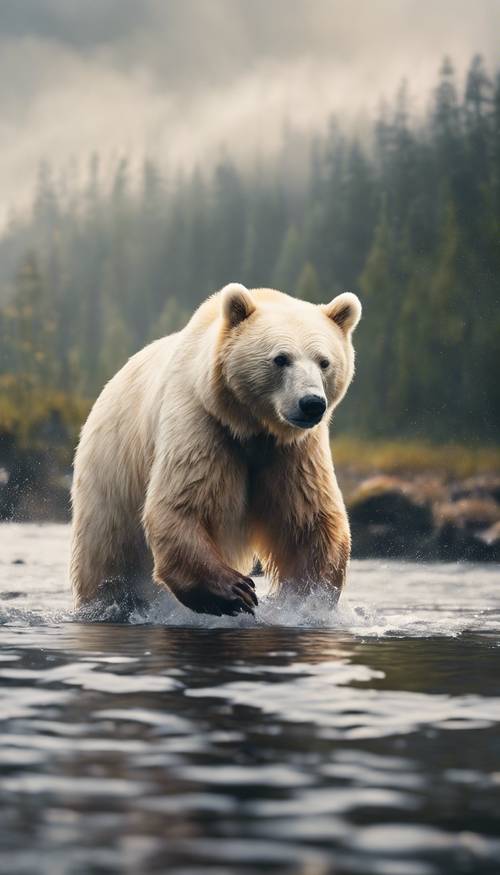 靈熊在霧氣瀰漫的河流中捕捉鮭魚的空靈場景。