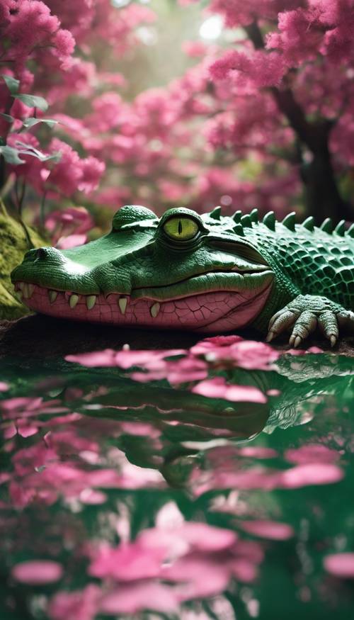 Um crocodilo rosa emergindo de uma floresta verde-esmeralda.