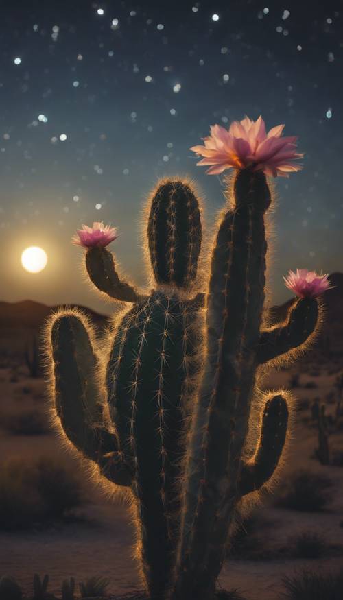 Flowers unfurling from a cactus in a moonlit desert, teeming with life.