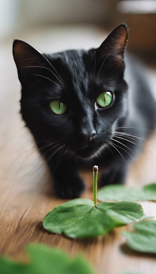 A black cat with white whiskers, curiously pushing a tiny, green leaf with its paw on a wooden floor.