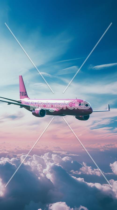 Różowy samolot lecący na niebie