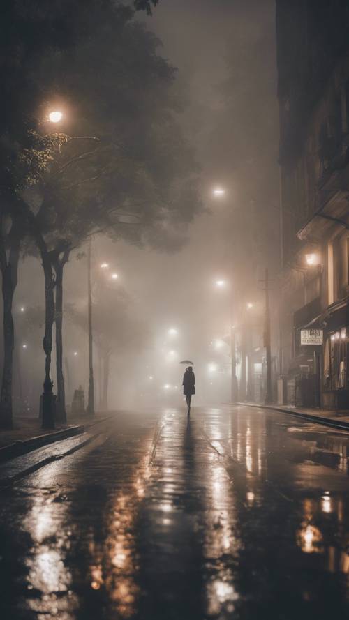 Deep fog ushering the quiet city streets at midnight.