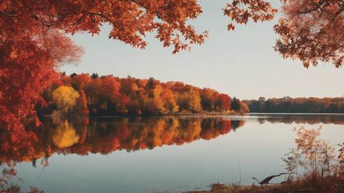 A calm lake mirroring the fiery red, orange, and yellow trees surrounding it in the fall.