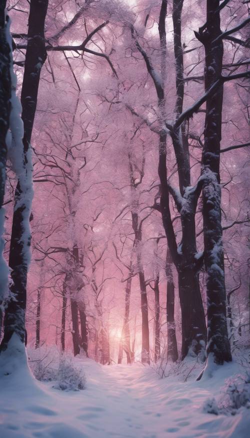 Một khu rừng đầy mê hoặc được bao phủ bởi tuyết với những cây xanh nước biển trên nền trời chạng vạng hồng hào.
