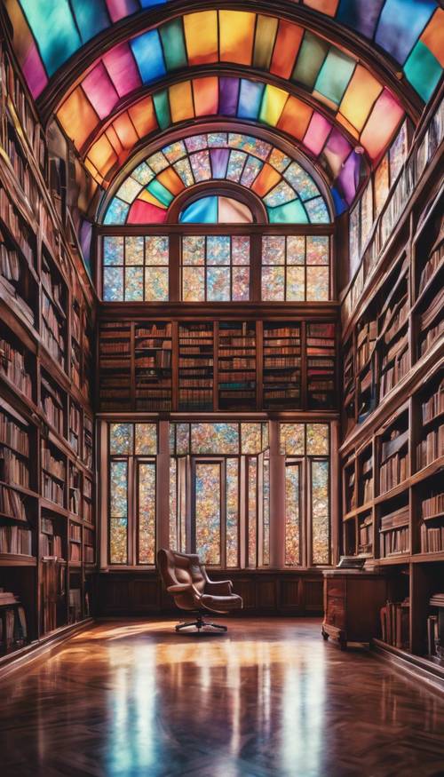 Wielka biblioteka w stylu preppy, bogata w książki, z gigantycznym witrażem w tęczowym kolorze.