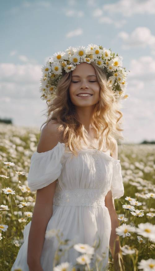 Una hermosa joven con un vestido blanco y una corona de flores hechas de margaritas, regocijándose en un campo abierto de verano.