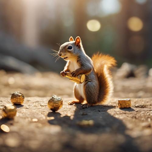 A comical scene where a squirrel is carrying a gold cork