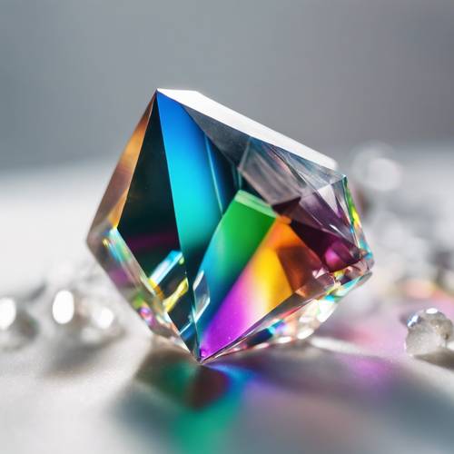 A close-up macro shot of a crystal prism dispersing a beam of light into a stunningly vibrant rainbow on a white background.