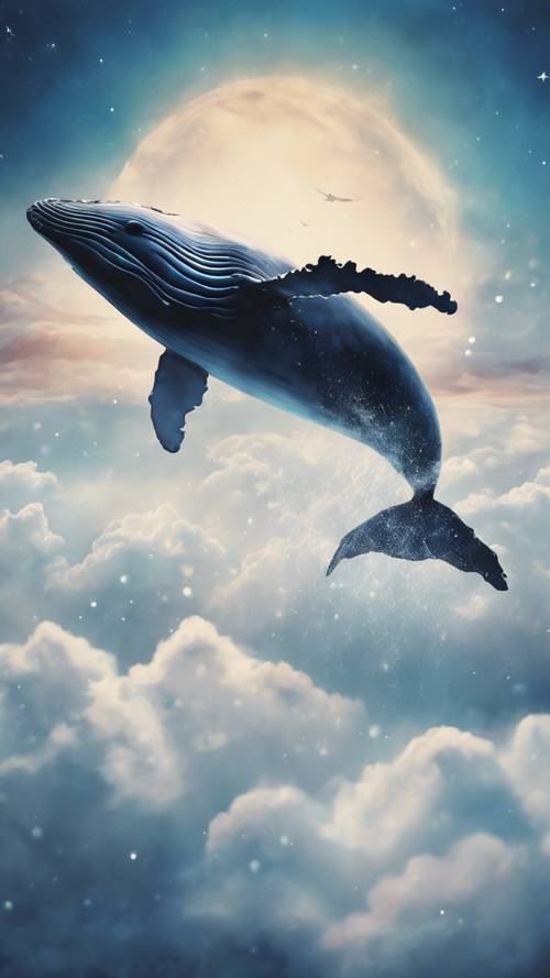 一幅充满幻想色彩的画作，描绘的是一头鲸鱼在云层之上翱翔。
