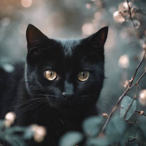 แมวดำแสนสวยมีดวงตาที่เข้ากับสีของลูกไม้สีดำ