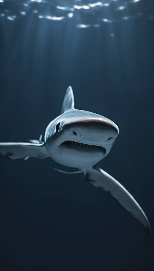 A close-up view of an actively swimming blue shark in the dark abyss of the ocean.