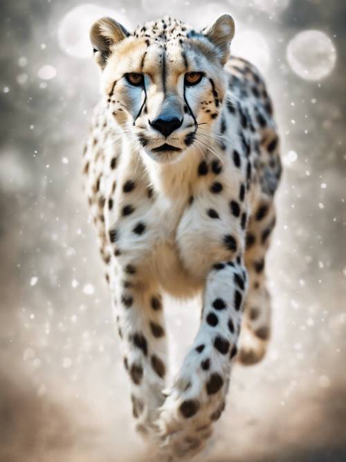 Abstrakcyjny obraz przedstawiający poruszającego się białego geparda, za którym ciągną się rozmyte linie.