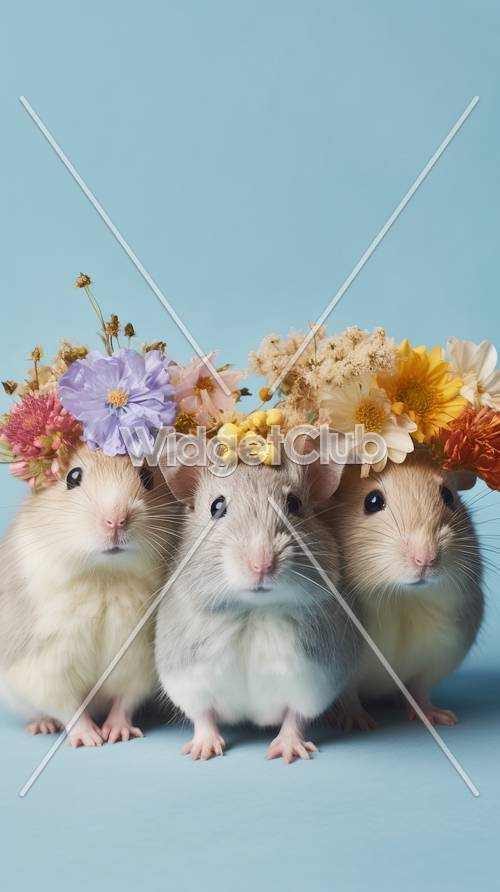 可愛い動物とカラフルな花の壁紙
