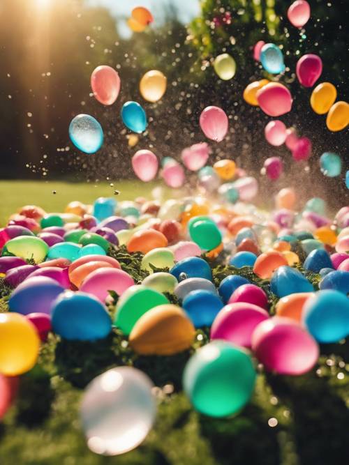 Güneşin altında eğlence dolu bir bahçe oyununda birbirinden renkli su balonları atılıyor.