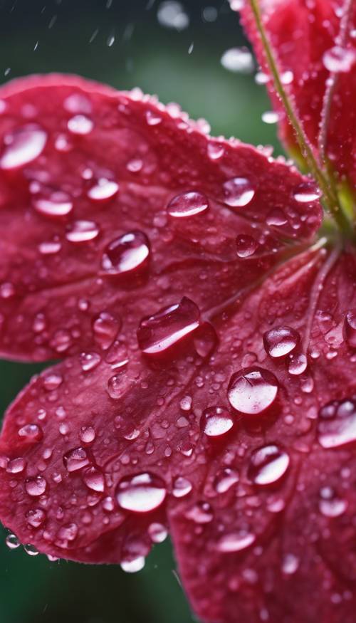 A geranium petal just after a summer rain shower, droplets of water visibly clinging to its vibrant surface.