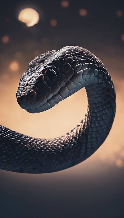 Un serpente che sbadiglia graziosamente con la sua piccola lingua sullo sfondo di una silhouette illuminata dalla luna.