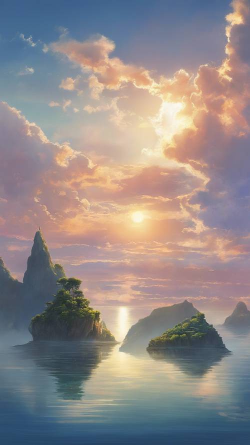 A fantasy landscape of floating islands above a calm, blue ocean, just as the sun sets.