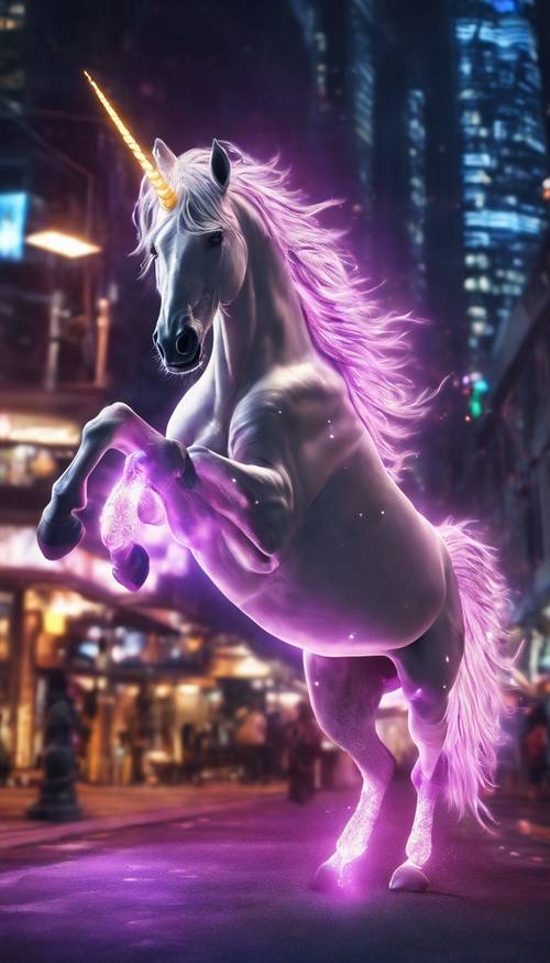 一只雄伟的独角兽，闪耀着霓虹灯，跳跃在午夜的城市景观上。