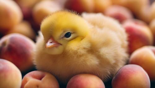 A tiny yellow chick cuddled up asleep on top of a big peach, both designed in a super cute Japanese style.