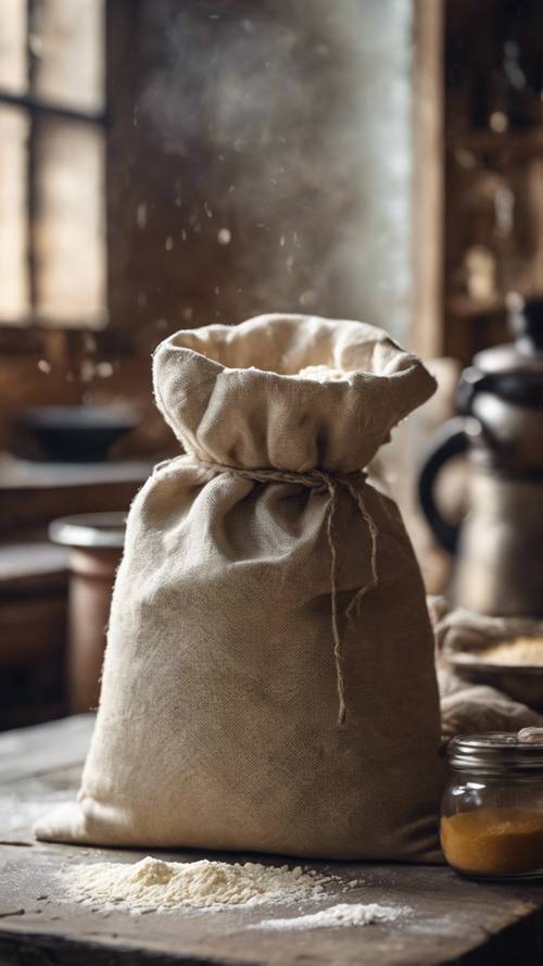 An old-world kitchen scene with linen sack filled with flour.